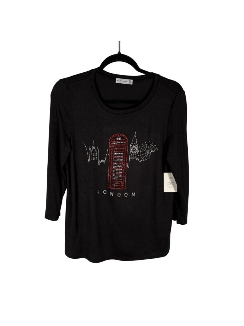 Retrology Women M Black Rhinestone London Skyline Telephone 3/4 Sleeve Top NWT